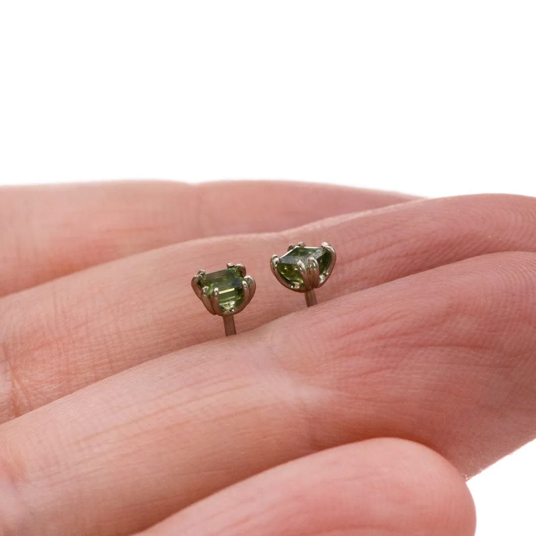 3mm Square Green Sapphire 14k White Gold Double Prong Stud Earrings, Ready To Ship