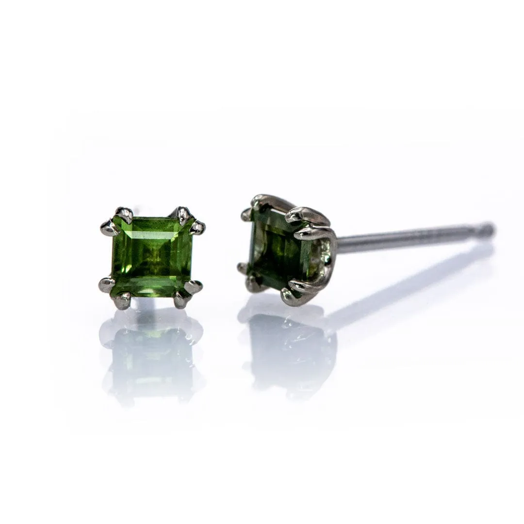 3mm Square Green Sapphire 14k White Gold Double Prong Stud Earrings, Ready To Ship