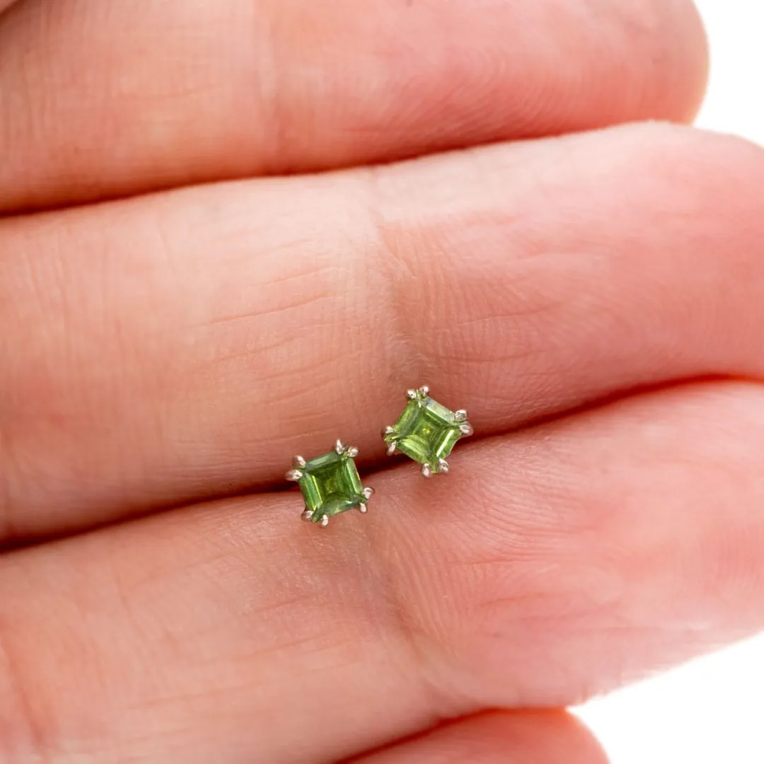 3mm Square Green Sapphire 14k White Gold Double Prong Stud Earrings, Ready To Ship