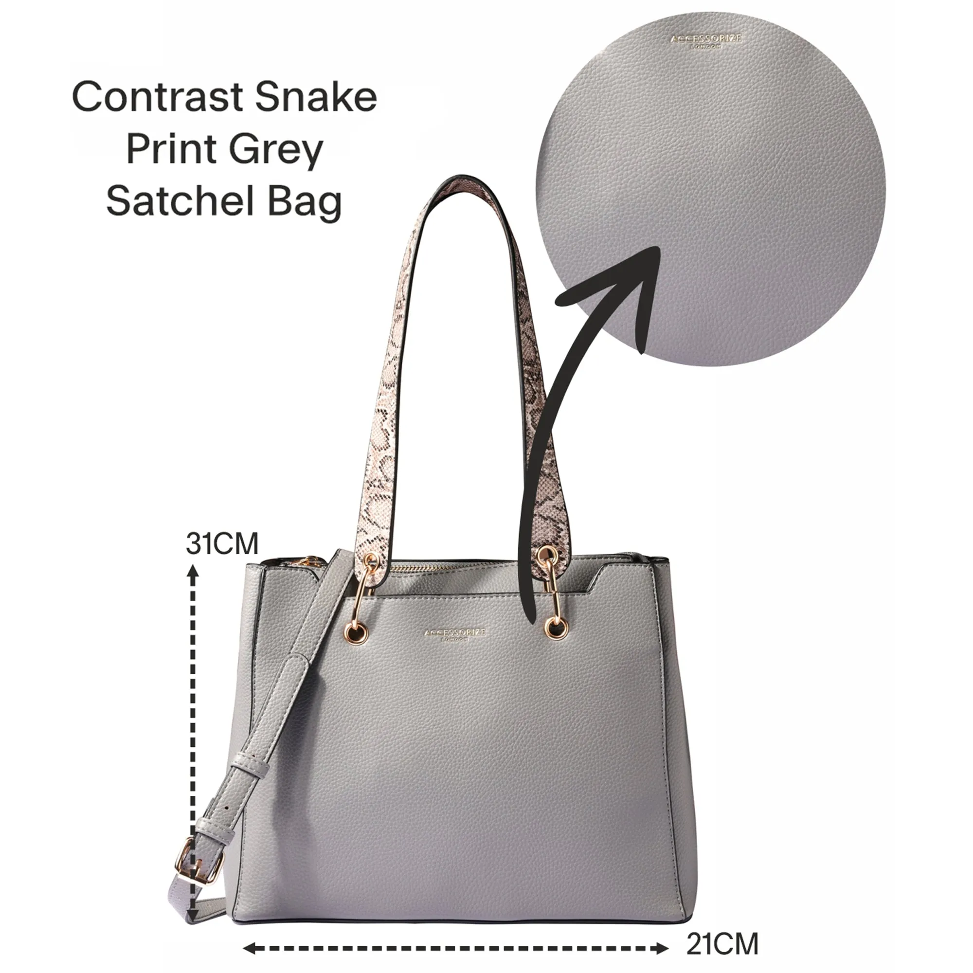 Accessorize London Women's Grey Contrast Snake Print Satchel