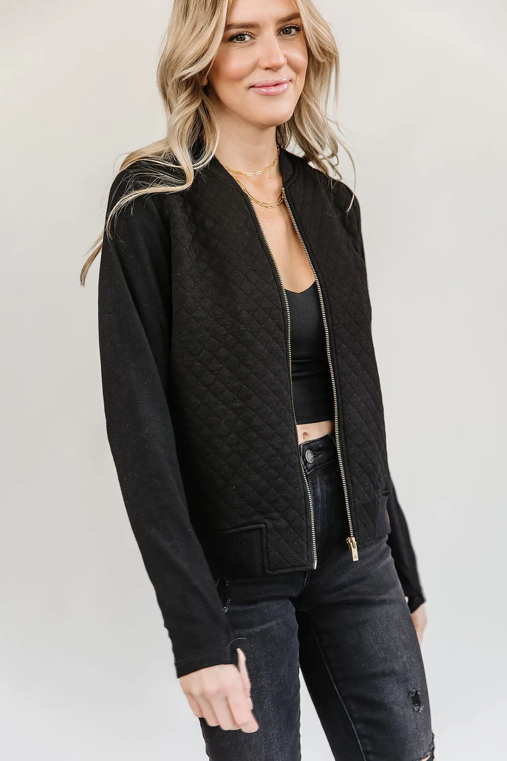 Ampersand Quilted Black Bomber Jacket