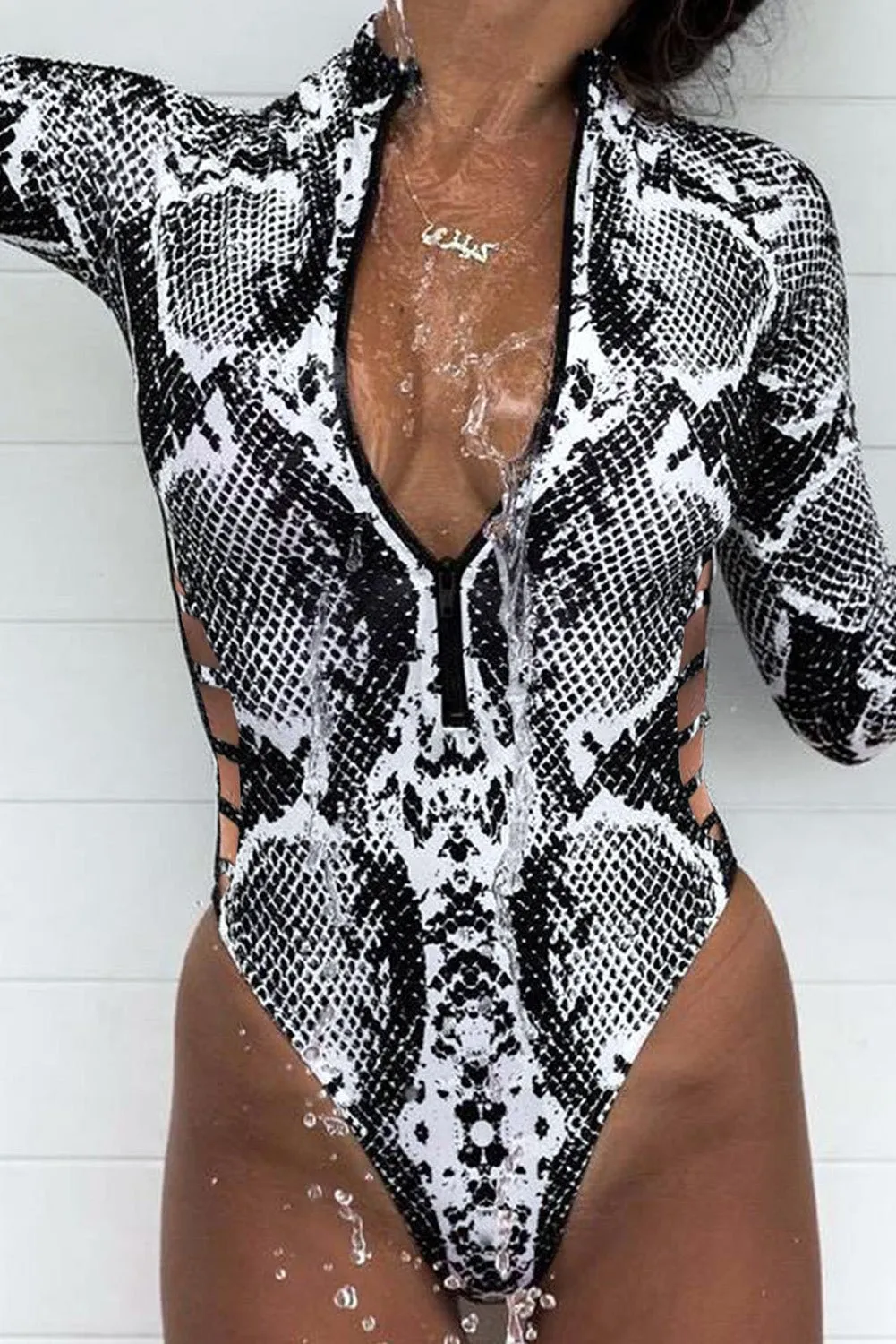 Animal Print Zipper Cut-Out Wetsuit Zip Up Swimsuit