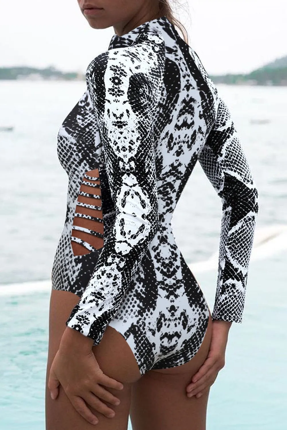 Animal Print Zipper Cut-Out Wetsuit Zip Up Swimsuit