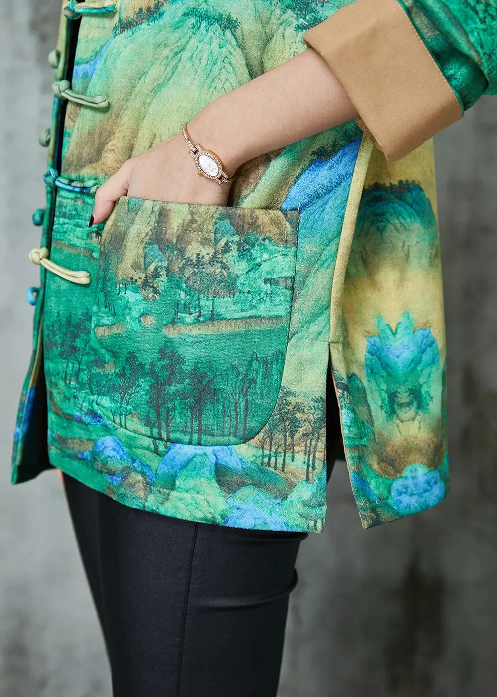 Art Green Print Chinese Button Silk Jacket Spring JK1065