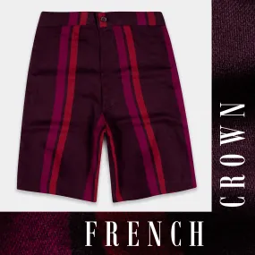 Aubergine Maroon and Paprika Red Striped Twill Premium Cotton Shorts