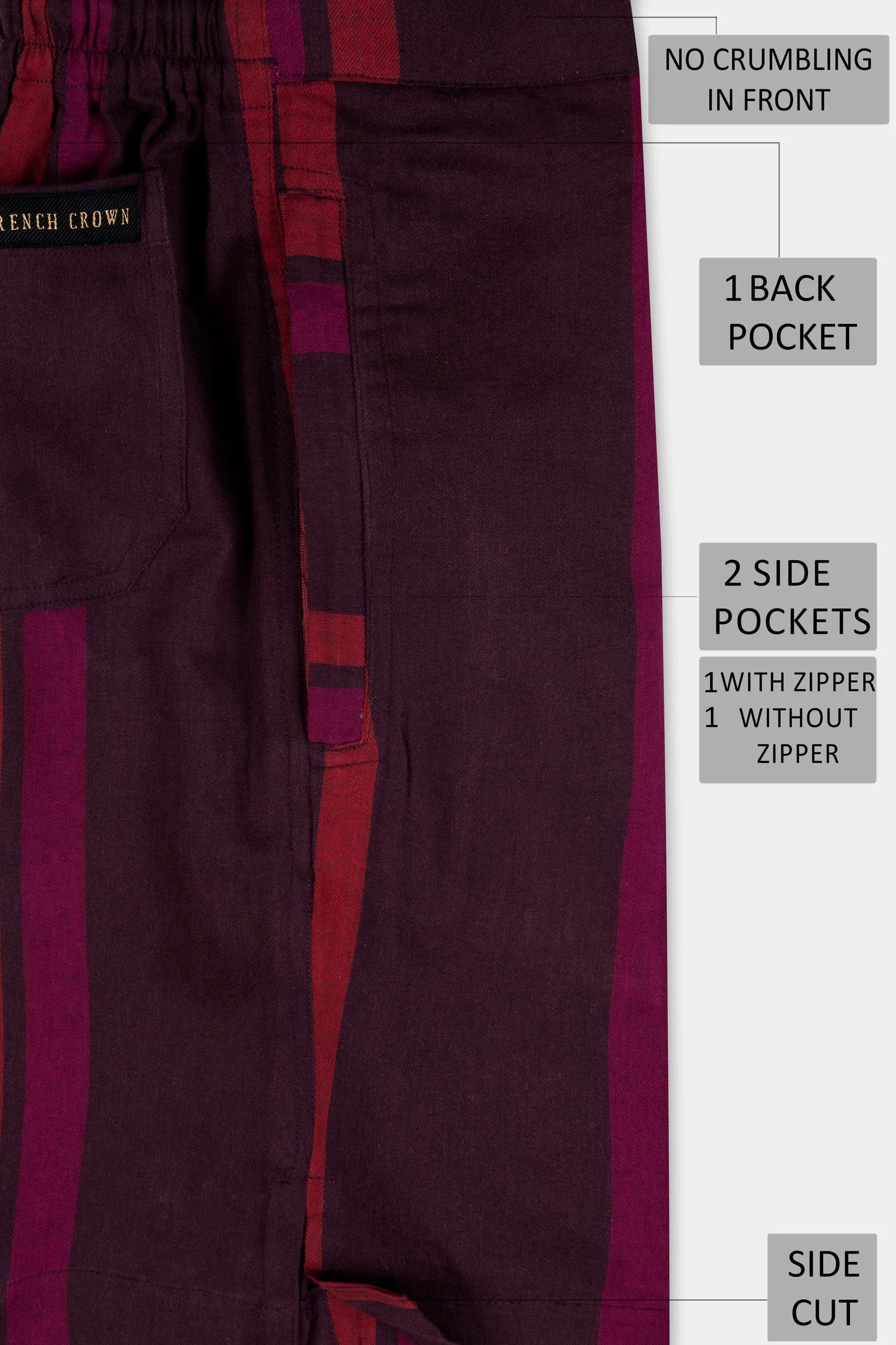 Aubergine Maroon and Paprika Red Striped Twill Premium Cotton Shorts