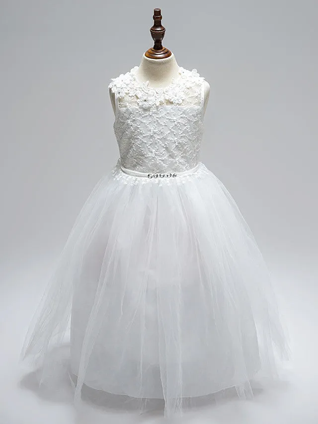 Ball Gown Lace Tulle Sleeveless Jewel Neck First Communion Long Flower Girl Dresses