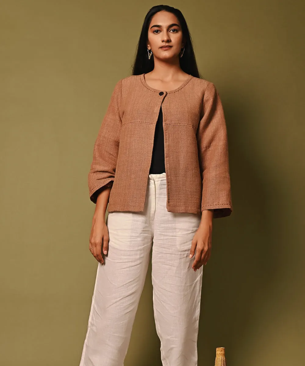 Beige handwoven woolen round neck jacket