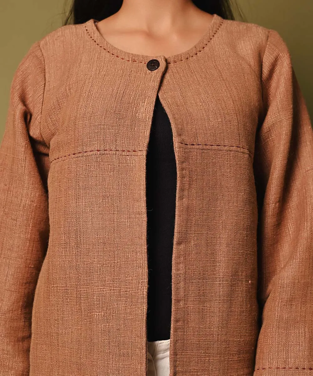 Beige handwoven woolen round neck jacket