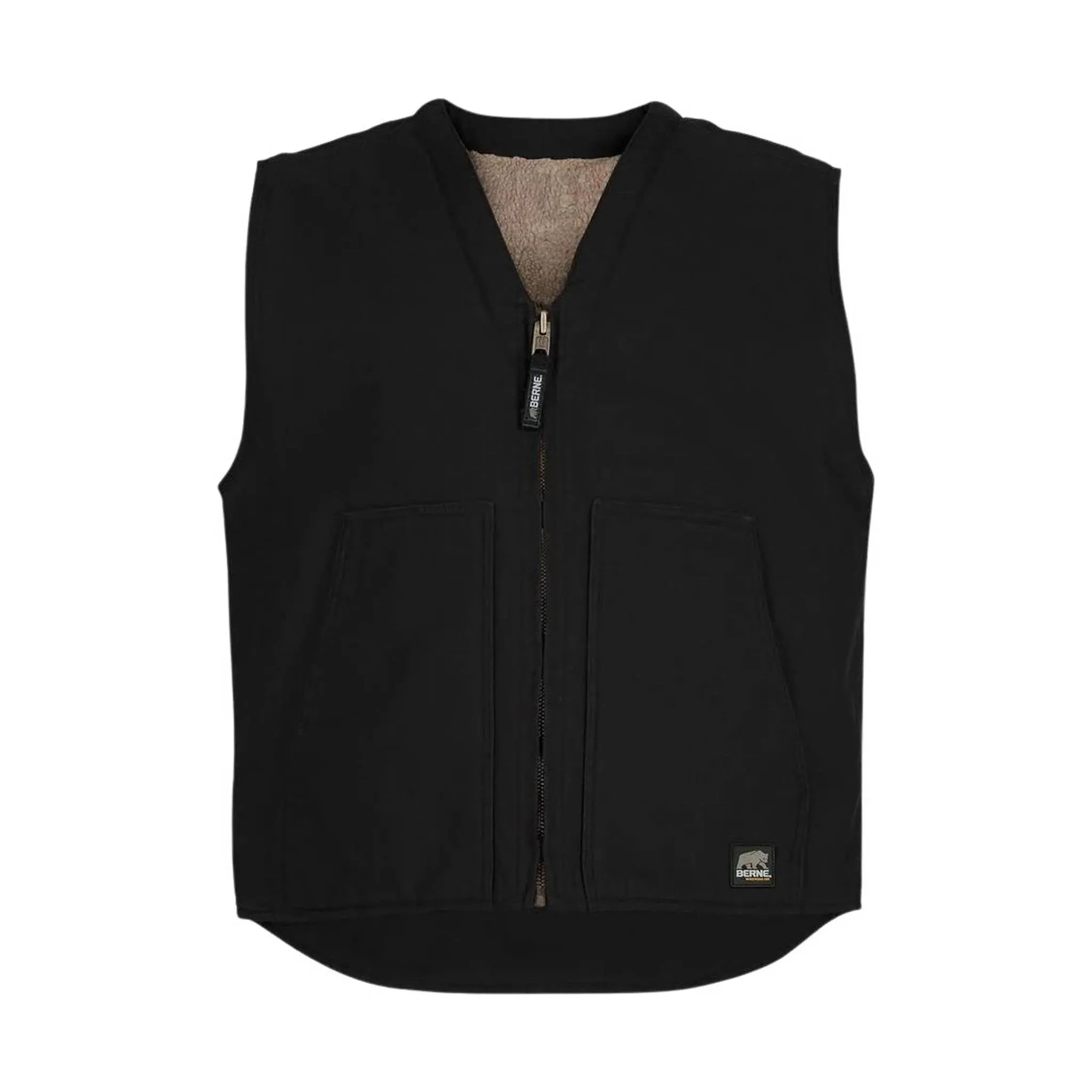 Berne Men's Heartland Sherpa-Lined Washed Duck V-Neck Vest - Black