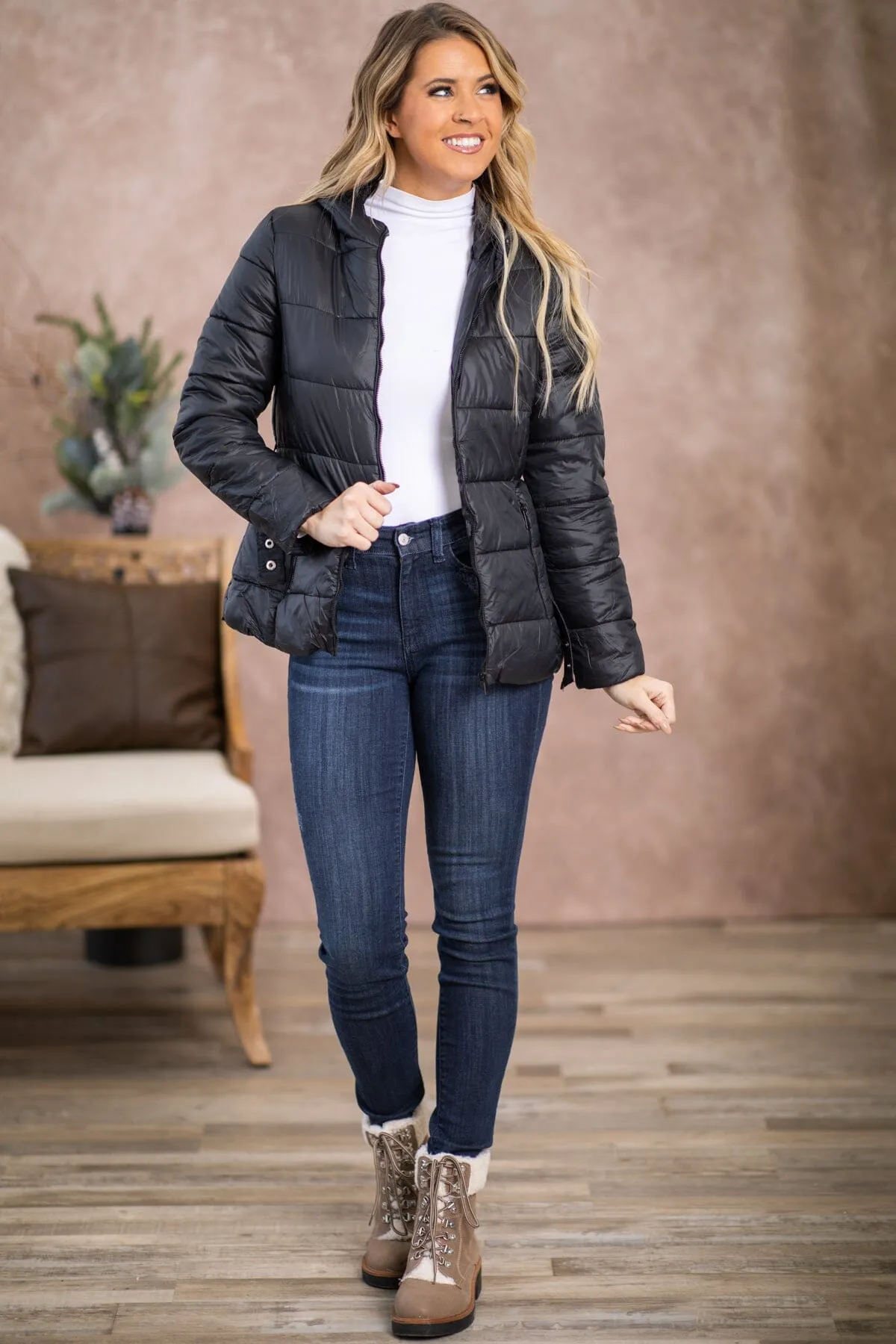 Black Belted Puffer Jacket