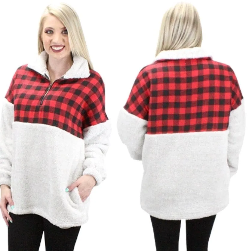 Buffalo plaid ivory pullover sherpa