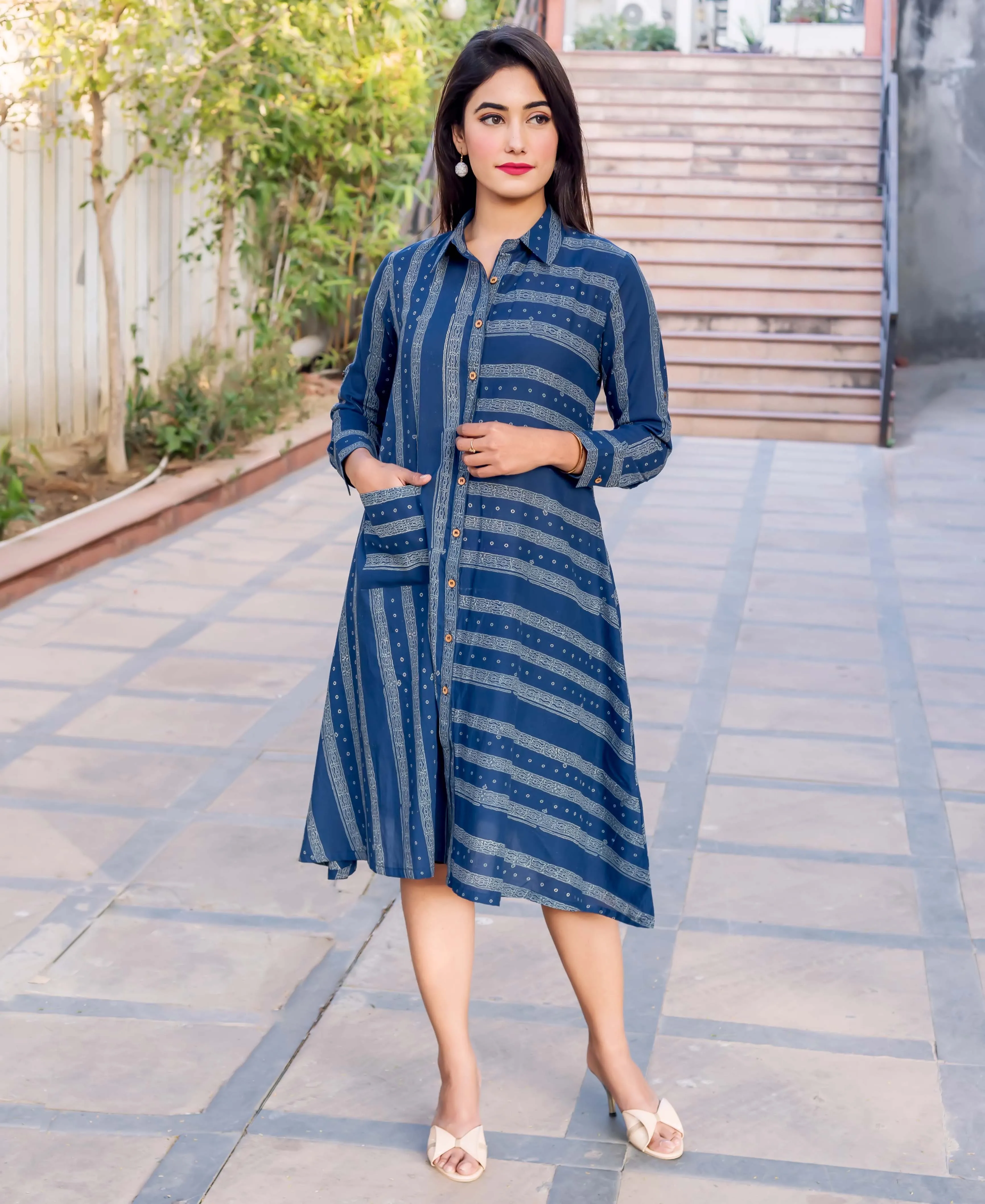 Button Down Indigo Block Printed Dress