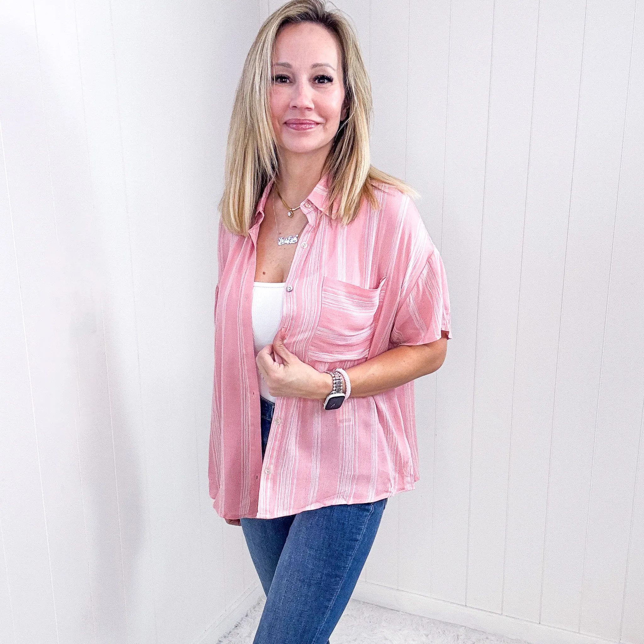 Candy Pink Striped Light Airy Button Down Blouse