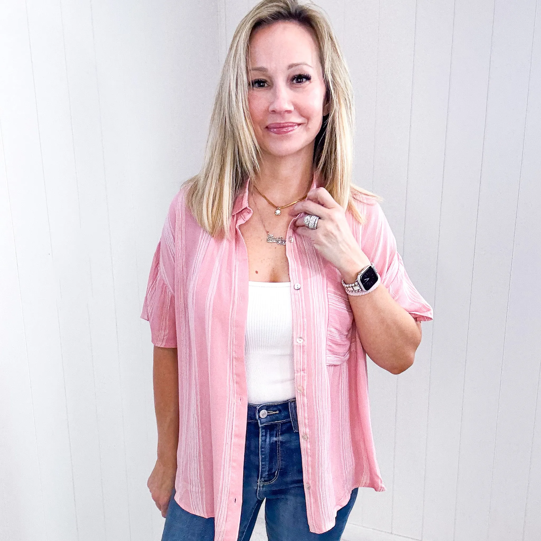 Candy Pink Striped Light Airy Button Down Blouse