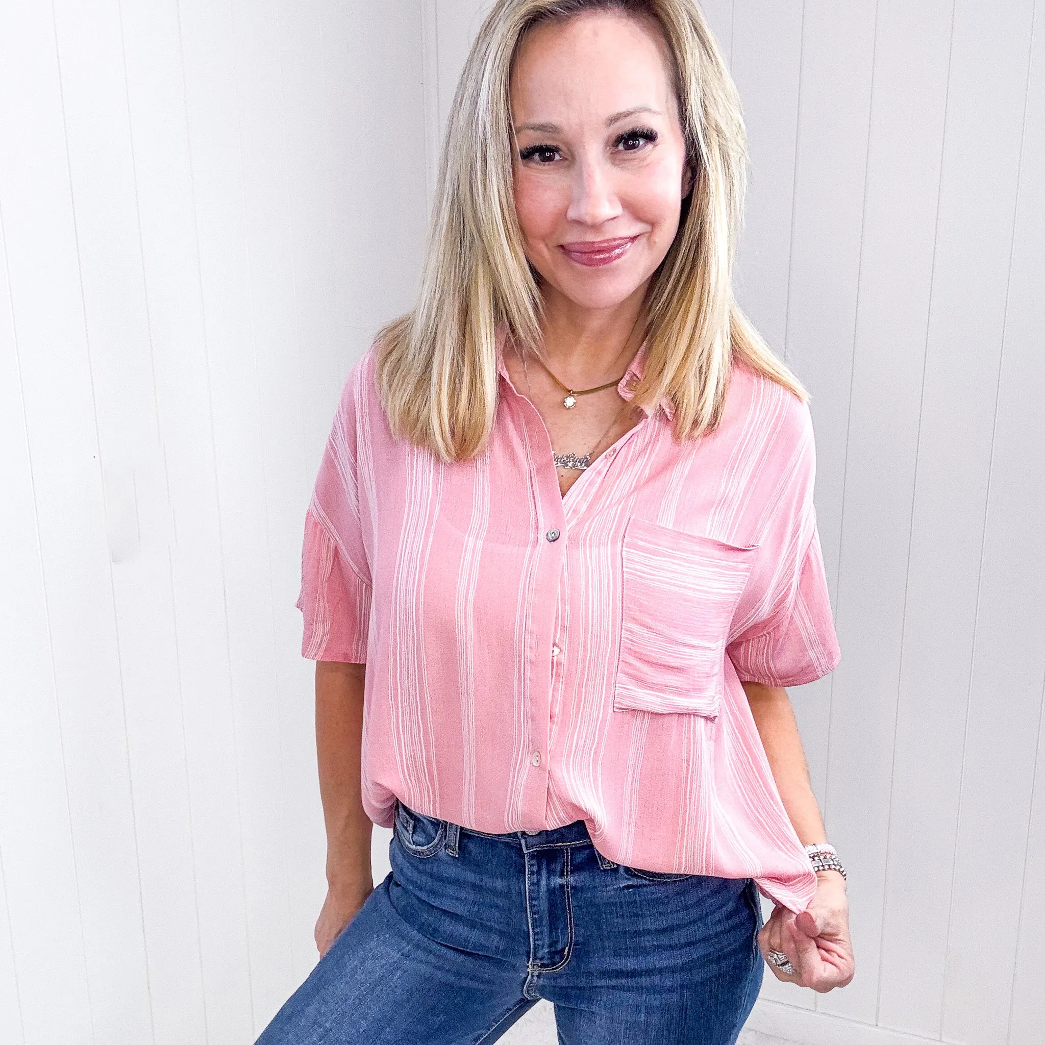 Candy Pink Striped Light Airy Button Down Blouse