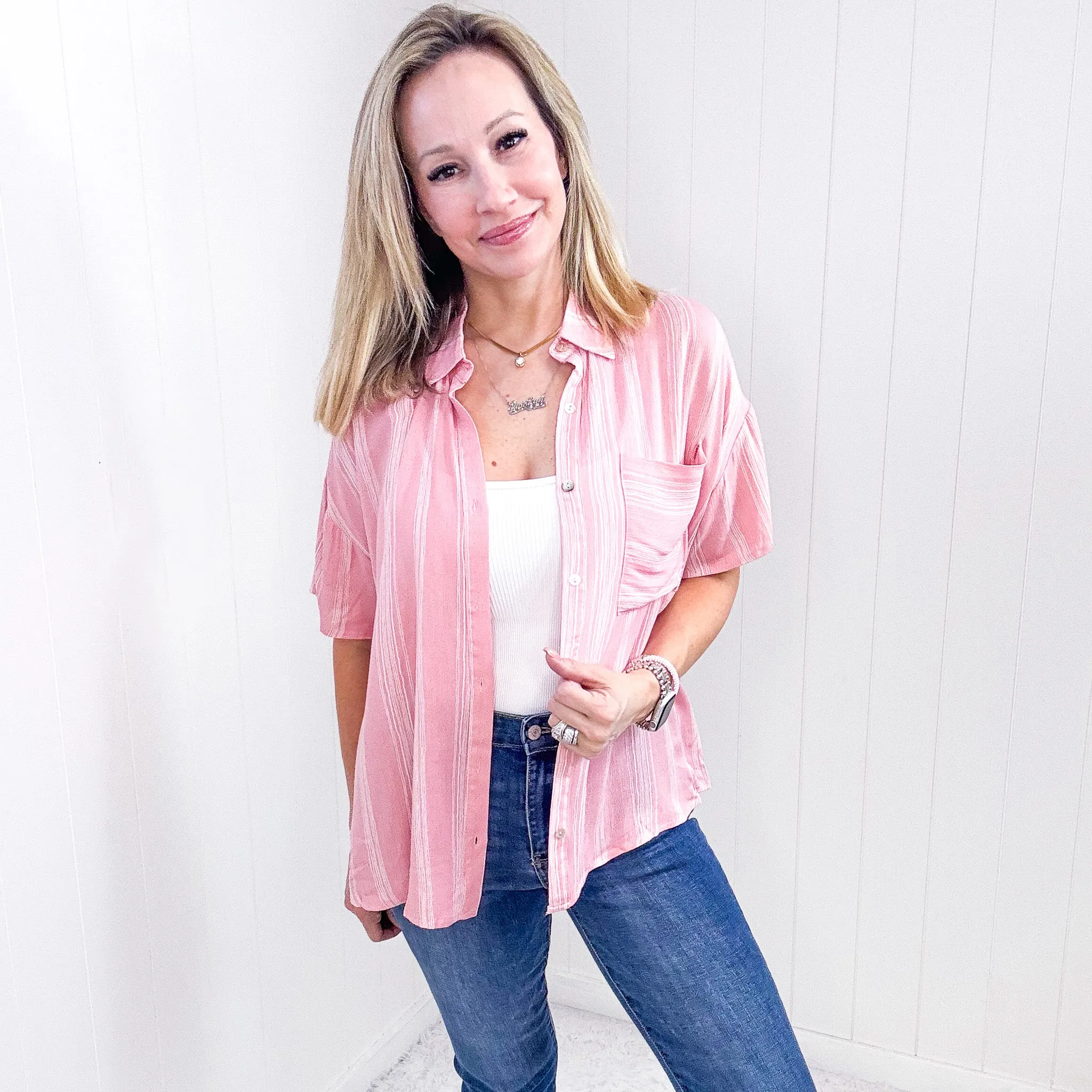 Candy Pink Striped Light Airy Button Down Blouse