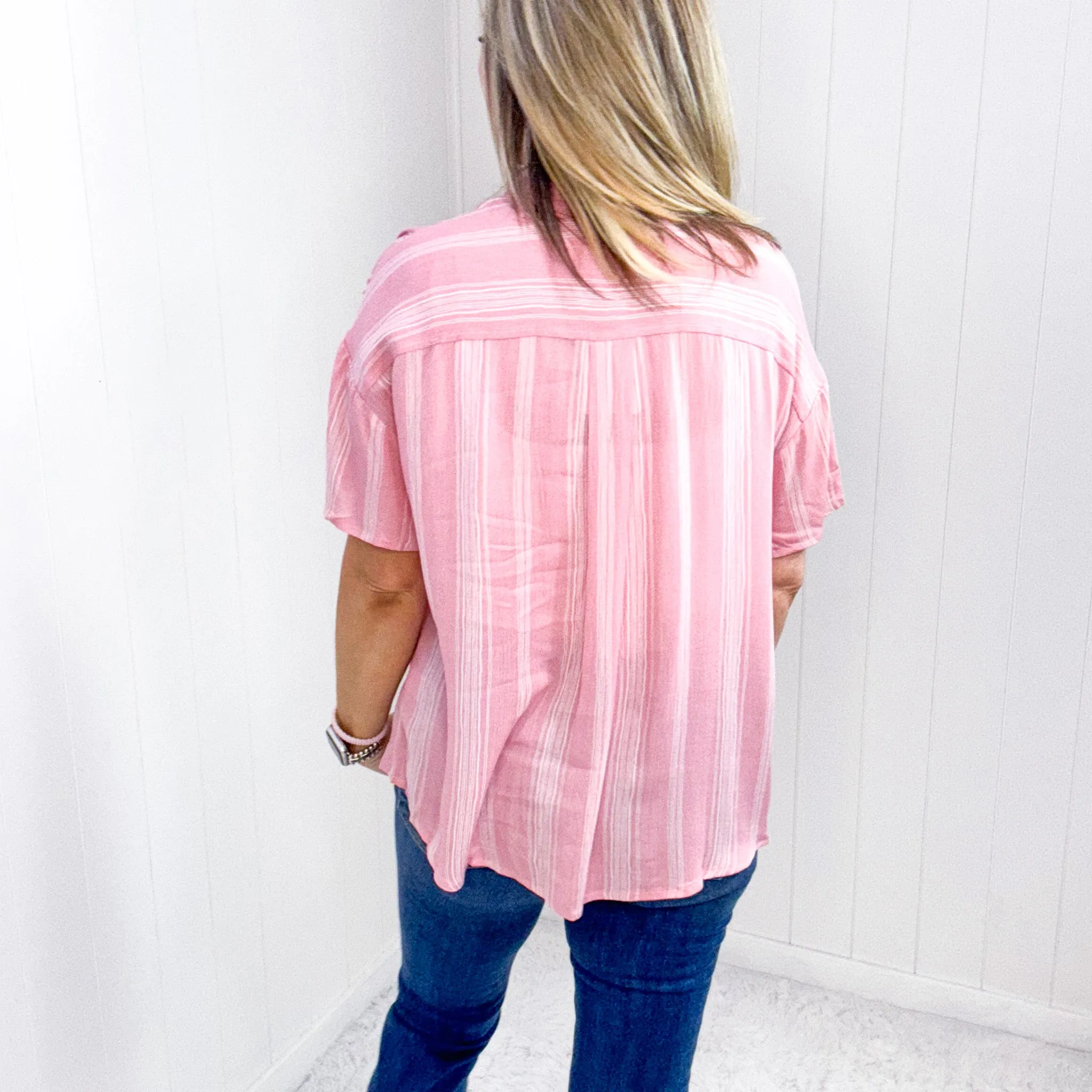 Candy Pink Striped Light Airy Button Down Blouse