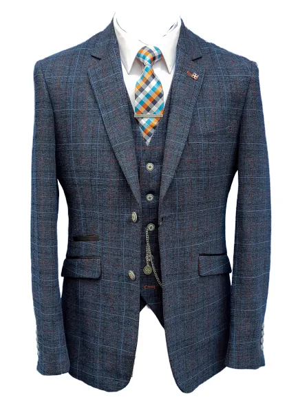 Cavani Cody Men's 3 Piece Blue Check Slim Fit Suit