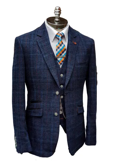 Cavani Cody Men's 3 Piece Blue Check Slim Fit Suit