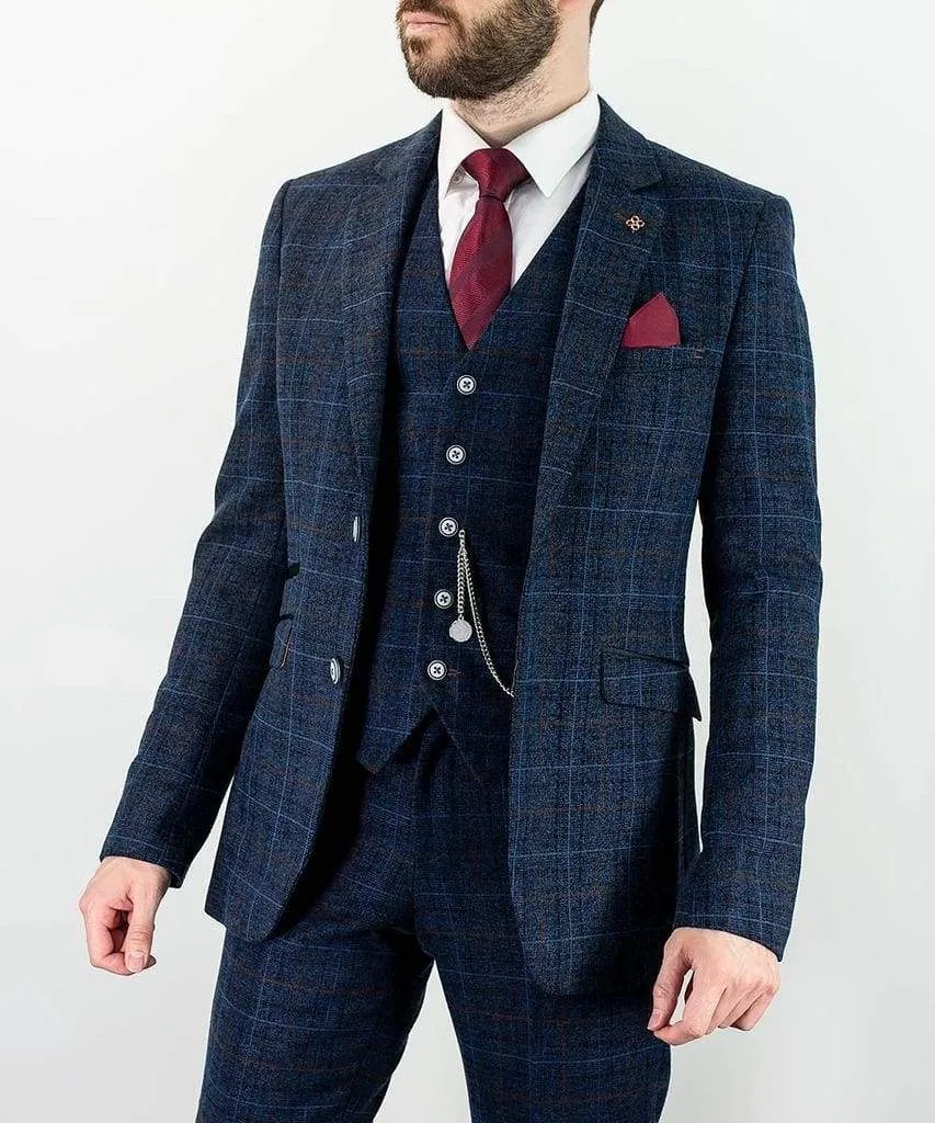 Cavani Cody Men's 3 Piece Blue Check Slim Fit Suit