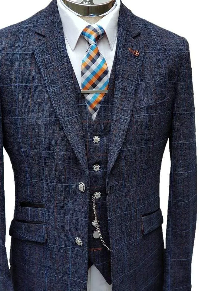 Cavani Cody Men's 3 Piece Blue Check Slim Fit Suit