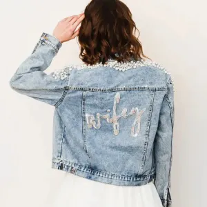 Cluster Pearl Beaded "Wifey" Denim Jacket