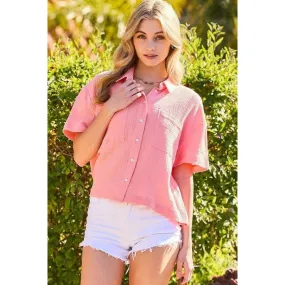 Collar Neck Button Down Front Pockets Solid Cotton Gauze Top