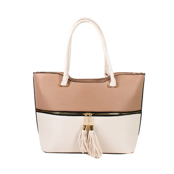 Color-block tassel tote - khaki