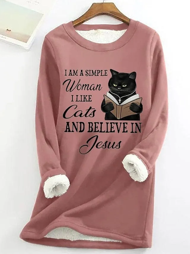 Cozy Sherpa Fleece Lined Women's Cat Letter Sweatshirt