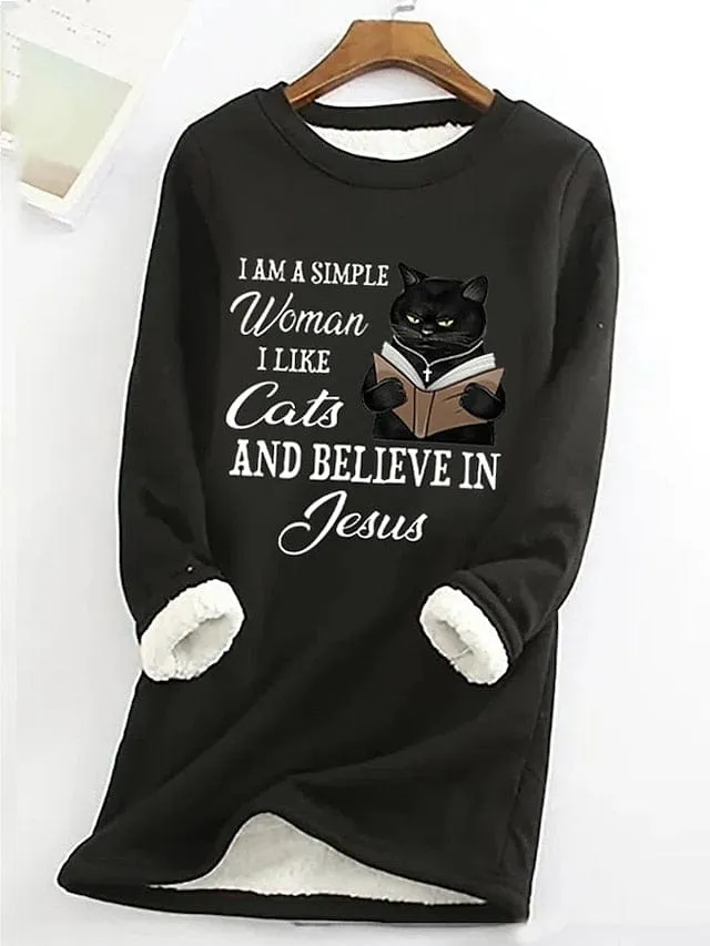 Cozy Sherpa Fleece Lined Women's Cat Letter Sweatshirt