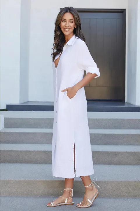 Crinkle Gauze Long Button Down Shirt Dress