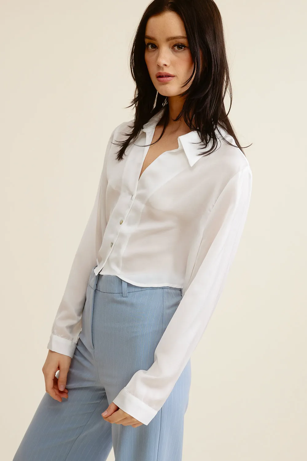 Cropped Silk Button Down Top