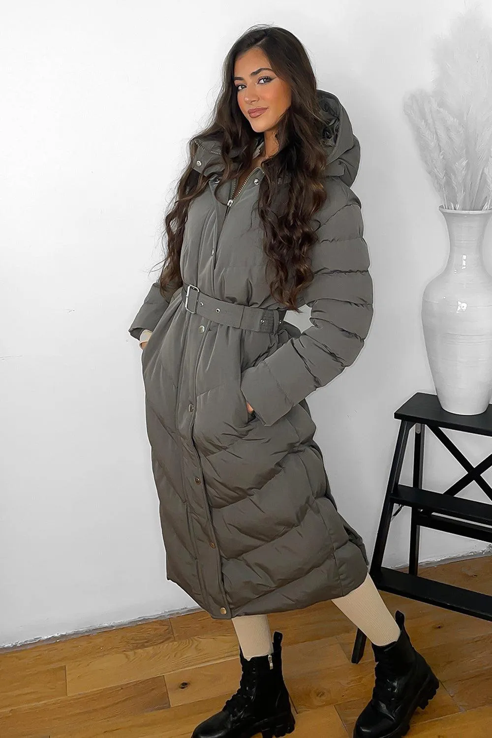 Drawstring Hood Belted Midi Puffer Jacket