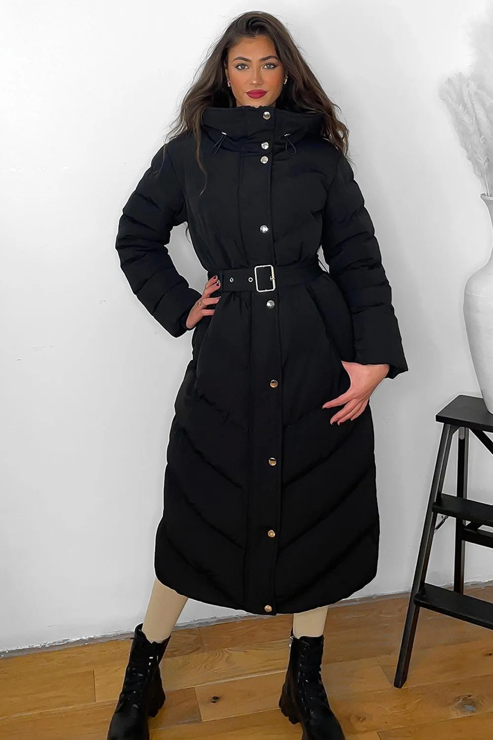 Drawstring Hood Belted Midi Puffer Jacket