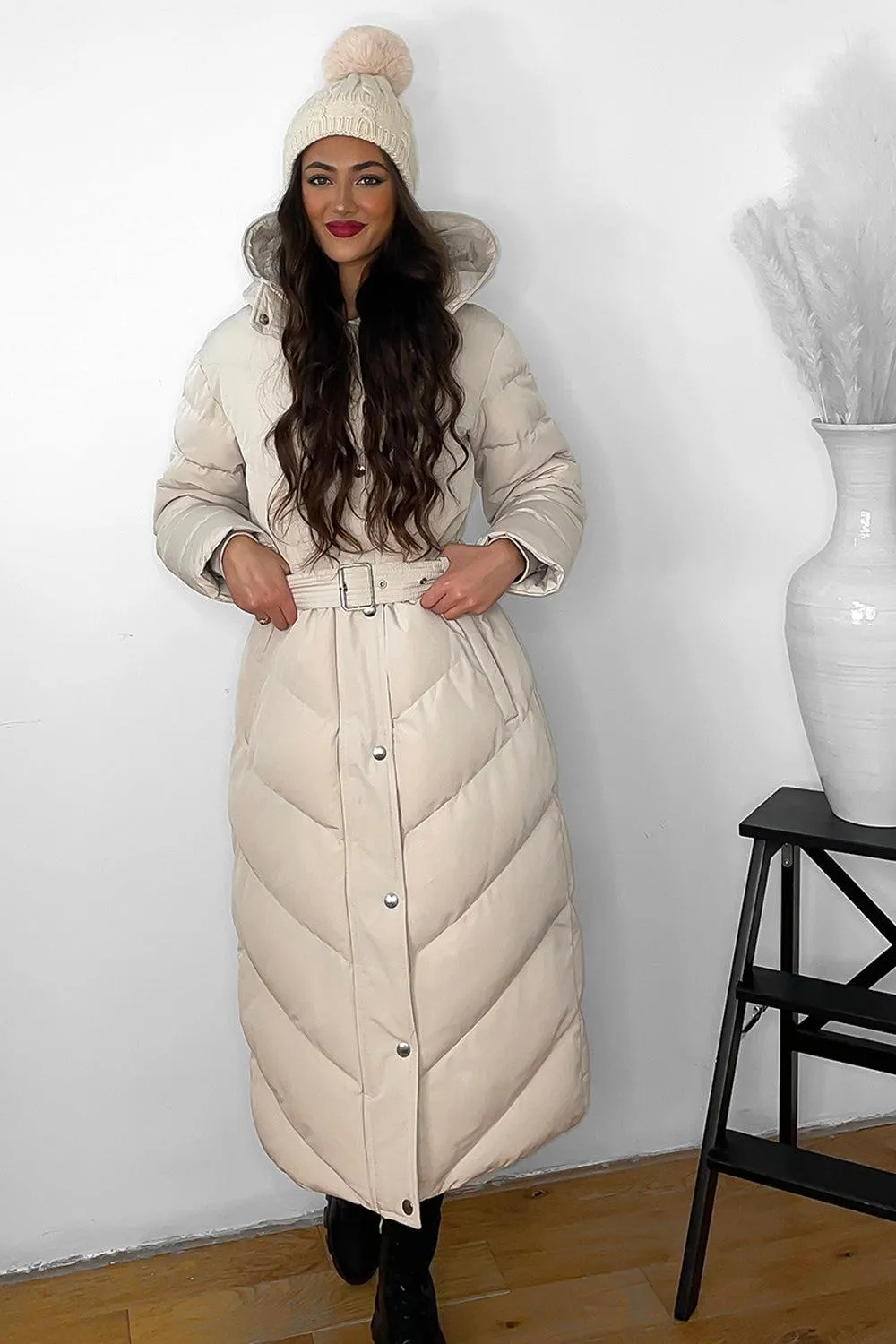 Drawstring Hood Belted Midi Puffer Jacket