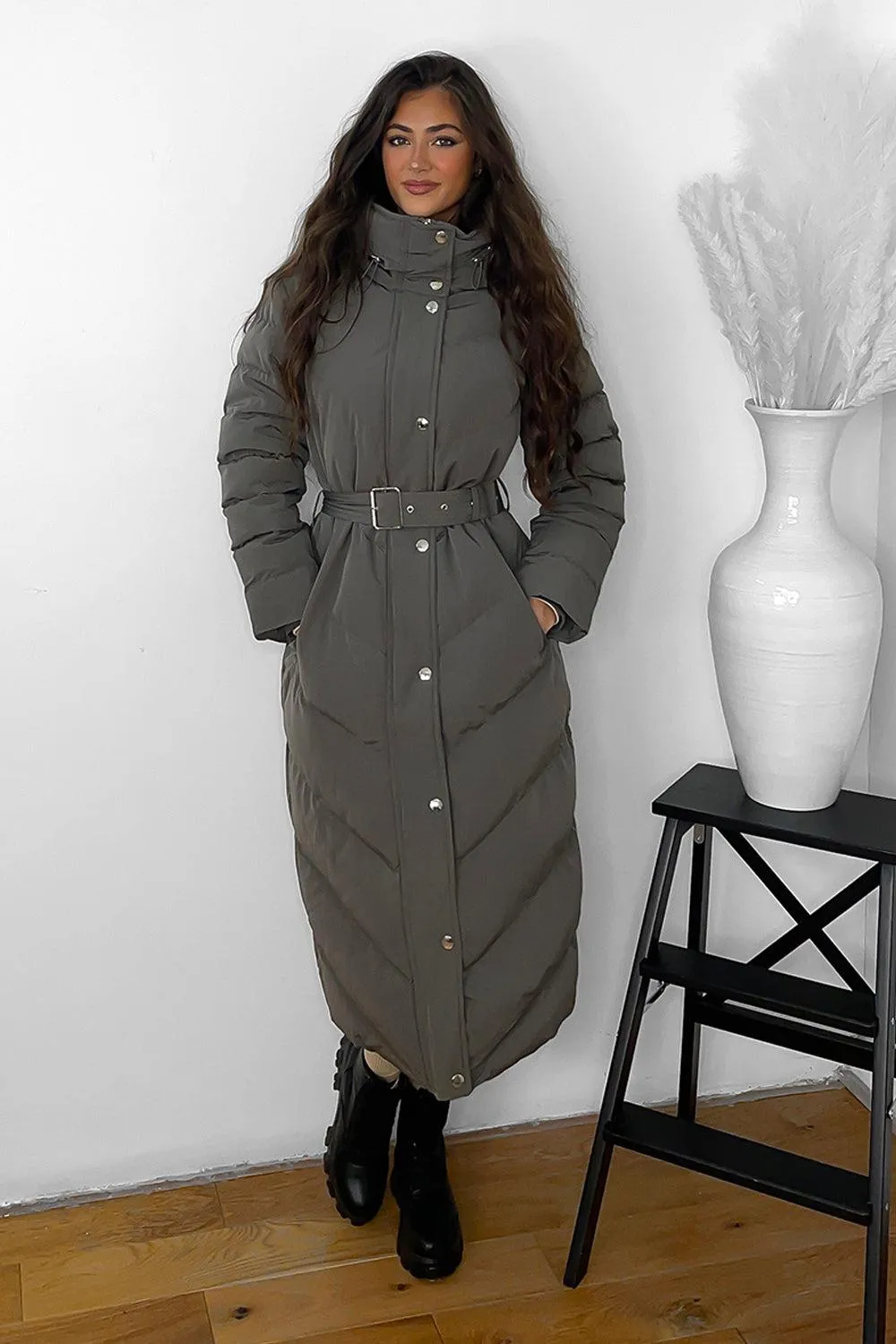 Drawstring Hood Belted Midi Puffer Jacket