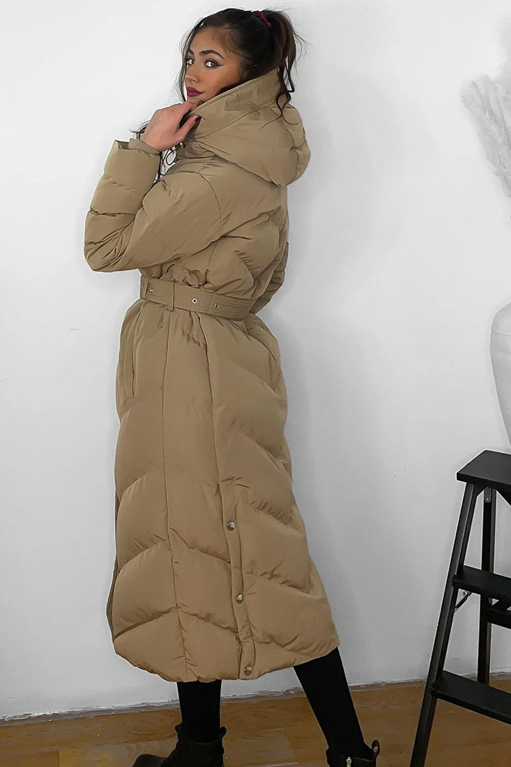 Drawstring Hood Belted Midi Puffer Jacket