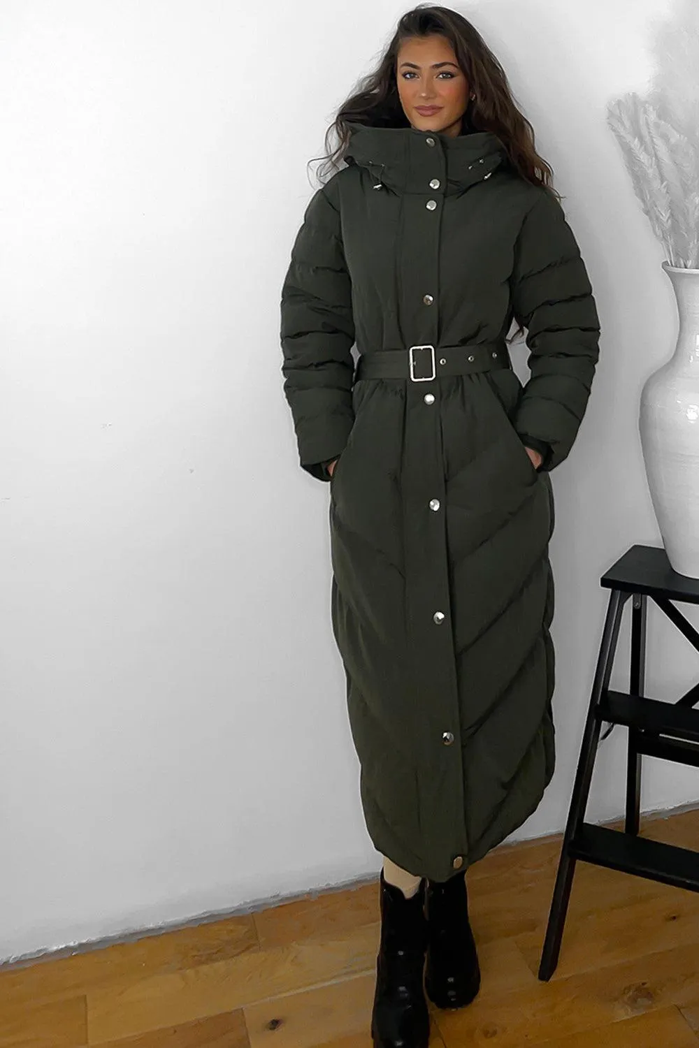 Drawstring Hood Belted Midi Puffer Jacket