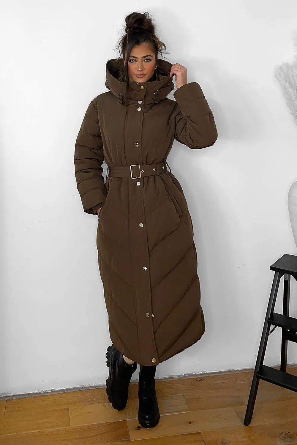 Drawstring Hood Belted Midi Puffer Jacket