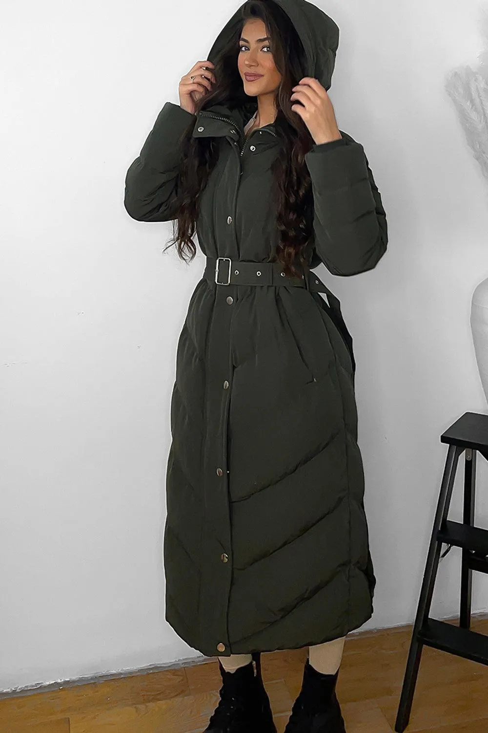 Drawstring Hood Belted Midi Puffer Jacket