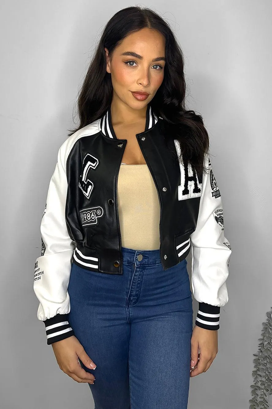 Cropped Contrast Varsity Bomber Jacket in Faux Leather - Stylish and Trendy Vegan Leather Womens Jacket