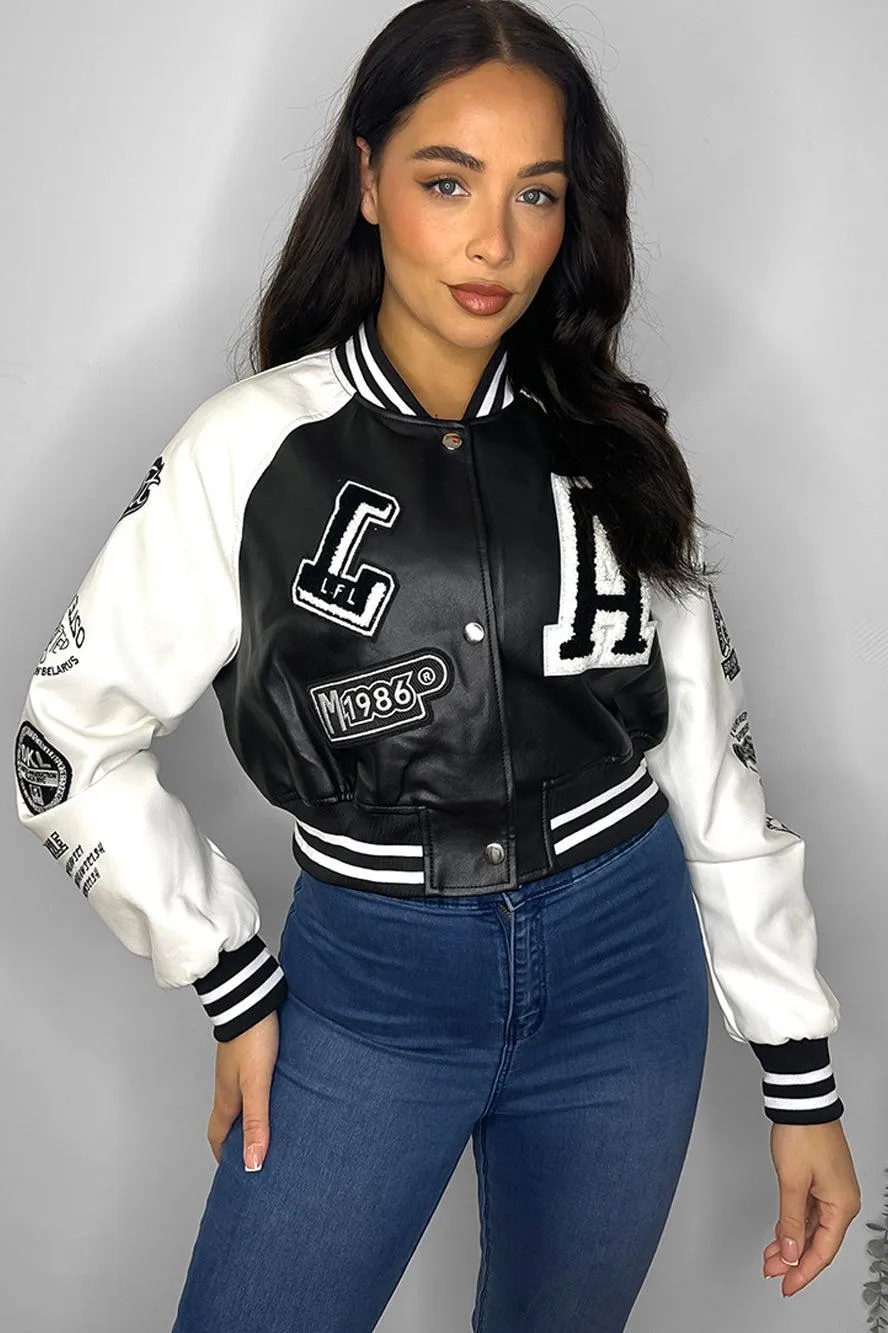 Cropped Contrast Varsity Bomber Jacket in Faux Leather - Stylish and Trendy Vegan Leather Womens Jacket