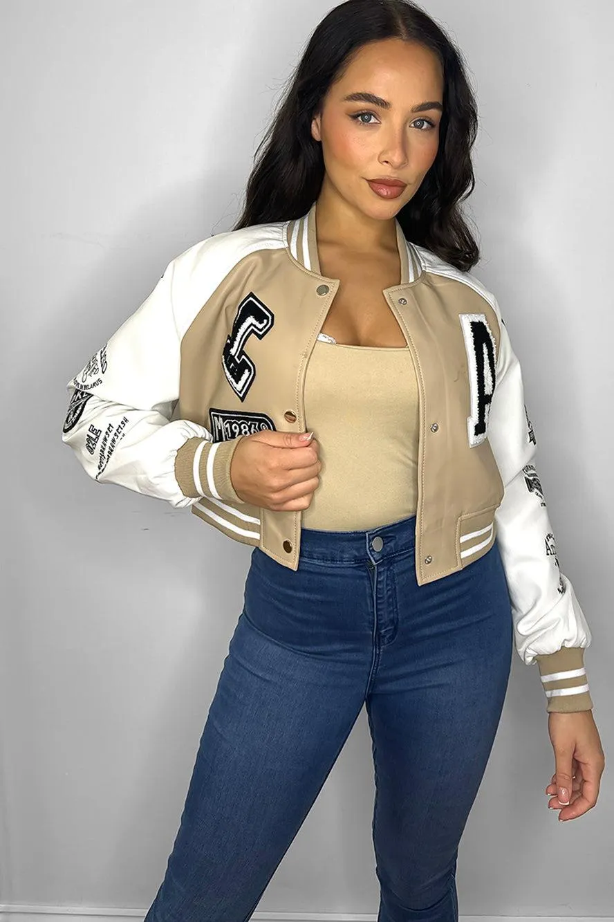 Cropped Contrast Varsity Bomber Jacket in Faux Leather - Stylish and Trendy Vegan Leather Womens Jacket