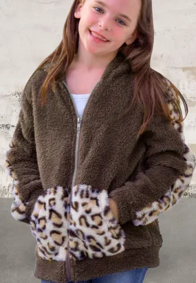 Girls Leopard Print Faux Fleece Jacket