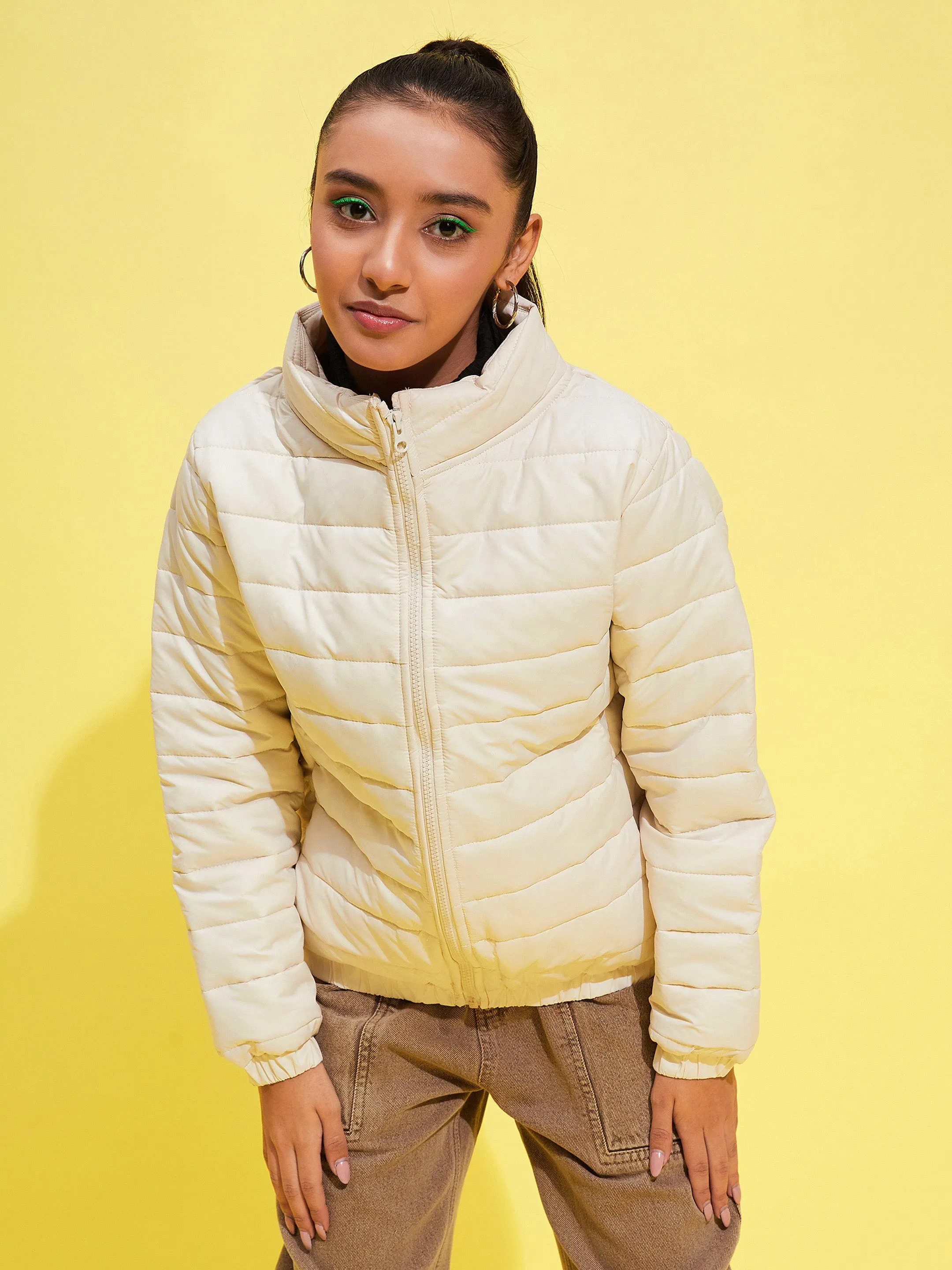 Girls Off White Taffeta Quilted Zipper Jacket