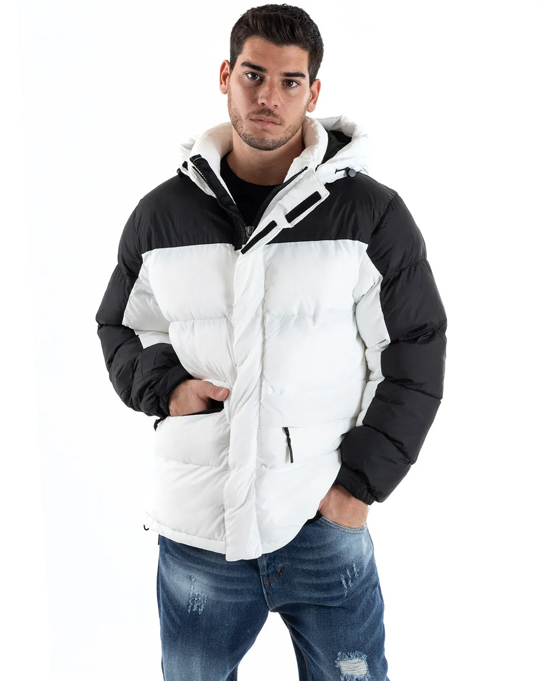 Giubbotto Uomo Bomber Bicolore Nero Bianco Cappuccio Puffer Imbottito GIOSAL-G2935A