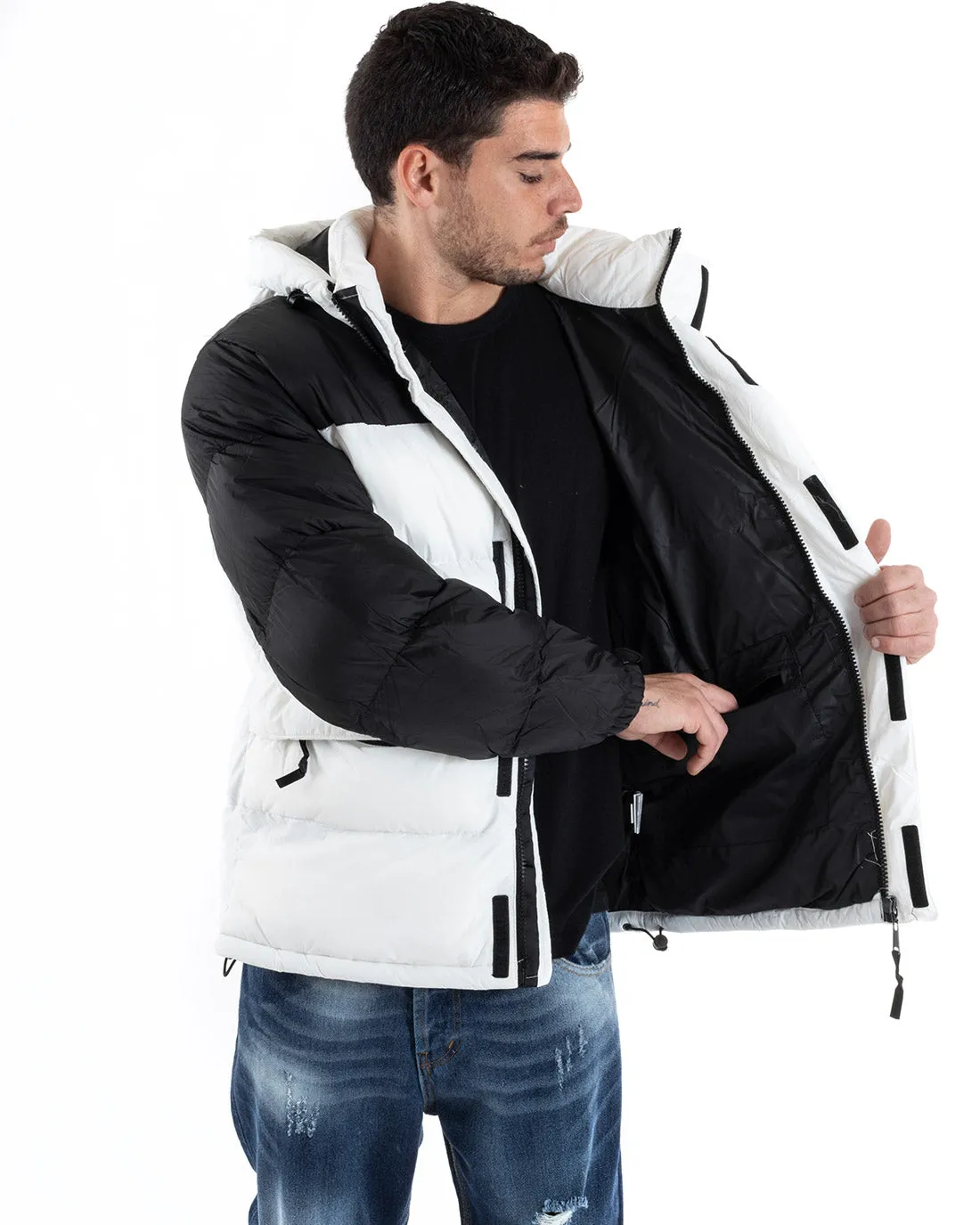 Giubbotto Uomo Bomber Bicolore Nero Bianco Cappuccio Puffer Imbottito GIOSAL-G2935A