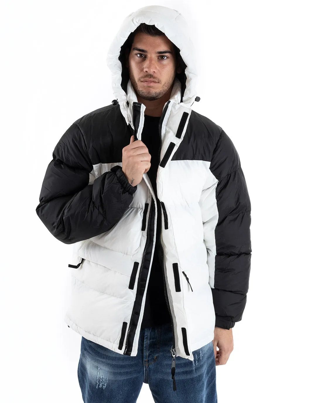 Giubbotto Uomo Bomber Bicolore Nero Bianco Cappuccio Puffer Imbottito GIOSAL-G2935A