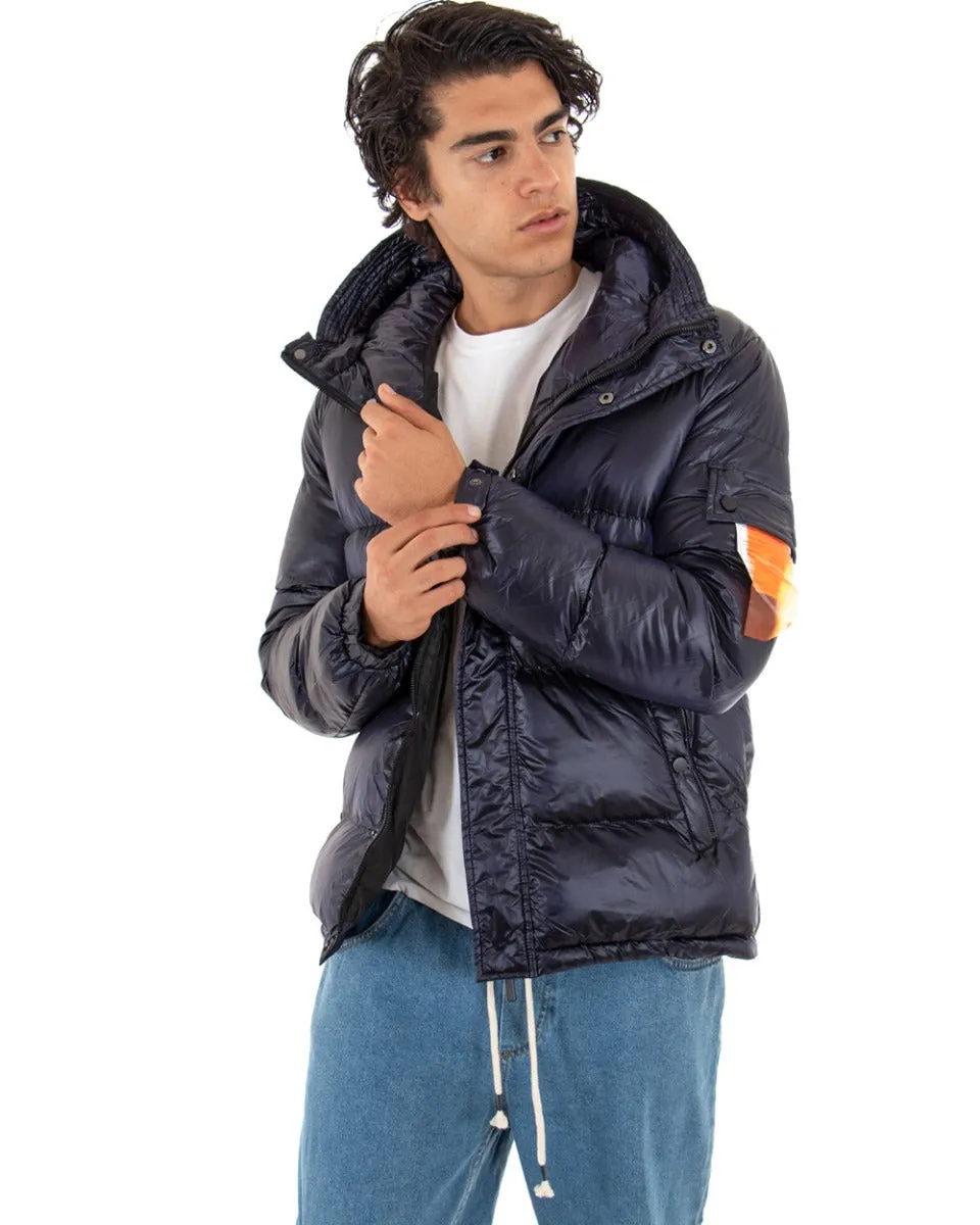 Giubbotto Uomo Bomber Lucido Tinta Unita Blu Puffer Cappuccio Casual GIOSAL-G2786A